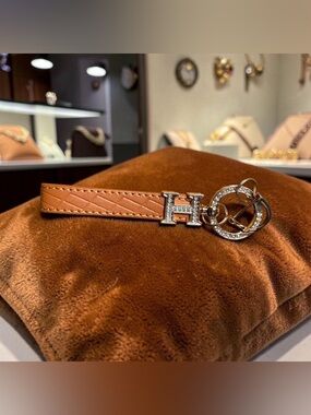 Brown Vegan Leather Keychain with Gold Tone Crystal Accent